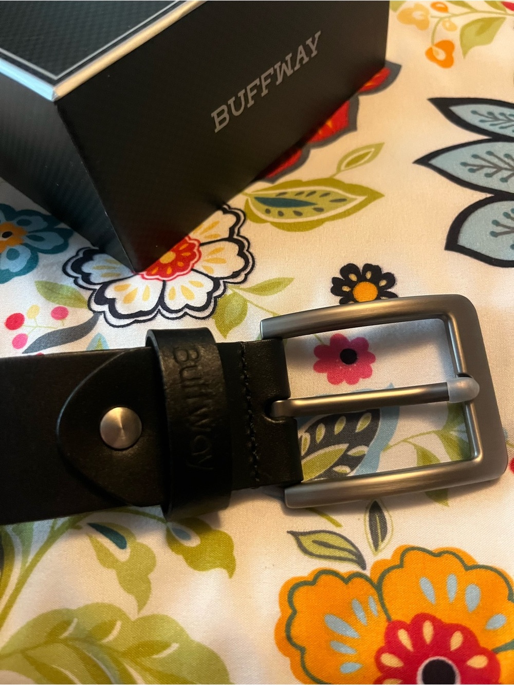 BUFFWAY Black Leather Belt with Silver Buckle